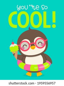 Cute penguin holding ice cream cone cartoon illustration for summer holidays concept.
