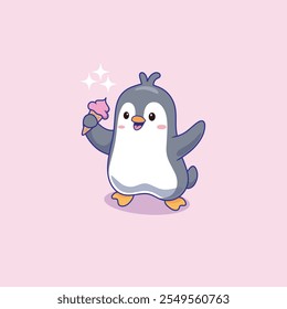 Cute Penguin Holding Ice Cream Cartoon Vector Illustration. Animal Nature Icon Concept Isolated Premium Vector.