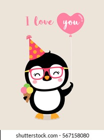 Cute penguin holding ice cream cone and balloon cartoon illustration with text I love you