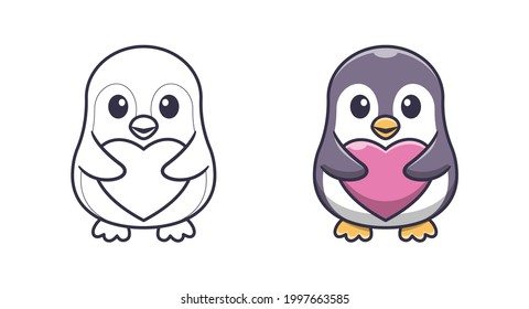 Cute penguin holding love cartoon coloring pages for kids