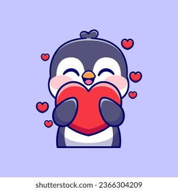 Cute Penguin Holding Love Heart Cartoon Vector Icon Illustration. Animal Holiday Icon Concept Isolated Premium Vector. Flat Cartoon Style