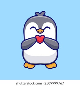 Cute Penguin Holding Love Heart Cartoon Vector Icon Illustration. Animal Nature Icon Concept Isolated Premium Vector. Flat Cartoon Style