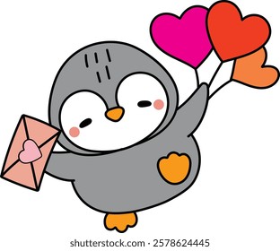 A cute penguin holding a love letter and colorful balloons, perfect for Valentine's Day. Ideal for cards, gifts, and decorations celebrating love and friendship.