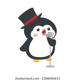 Cute Penguin holding microphone sing