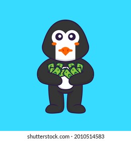 Cute penguin holding money. Animal cartoon concept isolated. Can used for t-shirt, greeting card, invitation card or mascot.