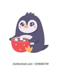 Cute penguin holding mug of coffee, sweet chocolate with marshmallow vector illustration. Cartoon isolated cozy scene with happy animal character drinking hot drink with caffeine, cappuccino or latte