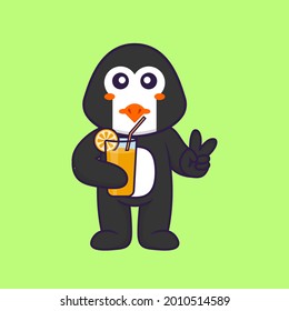 Cute penguin holding orange juice in glass. Animal cartoon concept isolated. Can used for t-shirt, greeting card, invitation card or mascot.