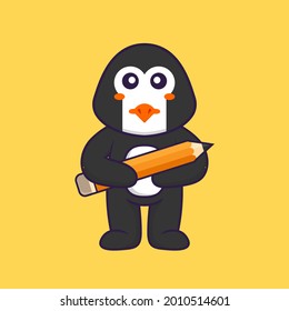 Cute penguin holding a pencil. Animal cartoon concept isolated. Can used for t-shirt, greeting card, invitation card or mascot.
