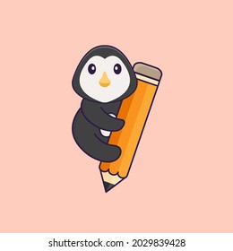 Cute penguin holding a pencil. Animal cartoon concept isolated. Can used for t-shirt, greeting card, invitation card or mascot.