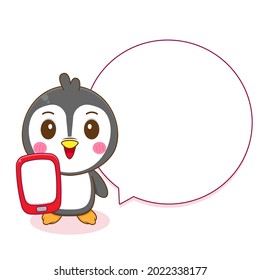 Cute Penguin holding phone Chibi Character Illustration