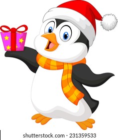 Cute penguin holding present