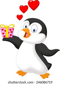 Cute penguin holding present