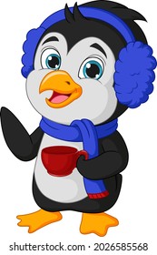 Cute penguin holding red cup