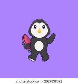 Cute penguin holding a skateboard. Animal cartoon concept isolated. Can used for t-shirt, greeting card, invitation card or mascot.
