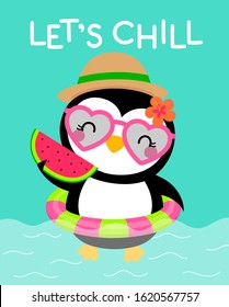 Cute penguin holding a sliced watermelon cartoon illustration for summer holidays concept.