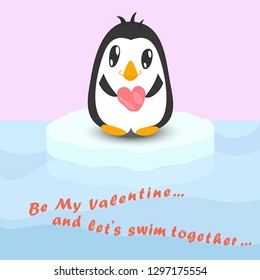 Cute Penguin Holding Stone in a Heart Shape and Standing on the Iceberg. Valentine Day Inscription Placed on the Sea Waves. Concept Gift Card to to Valentine Day.