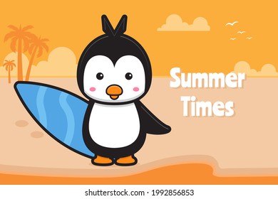 Cute penguin holding swimming board with a summer greeting banner cartoon vector icon illustration. Design isolated on orange. Flat cartoon style.