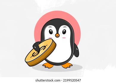 cute penguin holding a tilted dollar coin vector eps 10