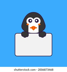 Cute penguin holding whiteboard. Animal cartoon concept isolated. Can used for t-shirt, greeting card, invitation card or mascot.