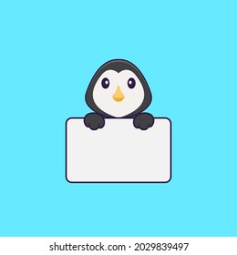 Cute penguin holding whiteboard. Animal cartoon concept isolated. Can used for t-shirt, greeting card, invitation card or mascot.