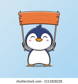 Cute penguin holding a wooden board vector illustration