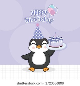 Cute Penguin holds a birthday cake. Happy Birthday Greeting Card.