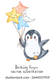 Cute penguin holds colorful moon and star balloons and enjoy party. Watercolor vector perfect for birthday project and greeting cards design