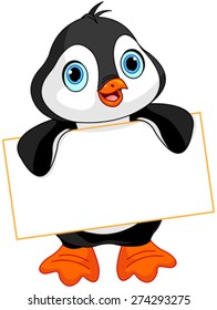 Cute Penguin holds a sign