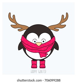 Cute  penguin with horn, red scarf and red boots