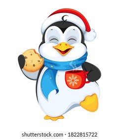 Pingüino lindo con té caliente y galleta. Feliz Navidad y Feliz Año Nuevo. Caricatura divertida de pingüino. Ilustración vectorial sobre fondo blanco.