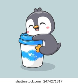 Cute Penguin Hug Coffee Cup Cartoon Vector Icon Illustration. Animal Drink Icon Concept Isolated Premium Vector. Flat Cartoon Style