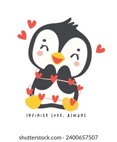 Cute penguin hug red heart cartoon drawing, Kawaii Valentine animal character illustration, playful hand drawn festive love graphic.