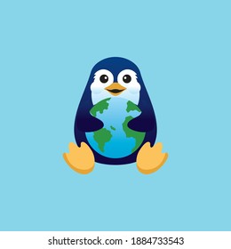 A cute penguin hugging the earth vector or logo