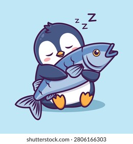 Cute Penguin Hugging Fish Sleeping Cartoon Vector Illustration