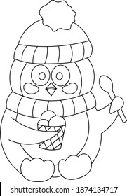 Cute penguin and ice cream in black and white