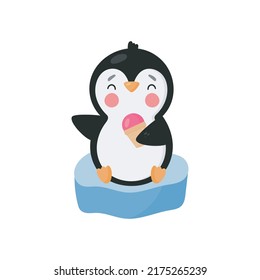 Cute Penguin with ice cream. Cartoon style. Vector illustration. For card, posters, banners, books, printing on the pack, printing on clothes, fabric, wallpaper, textile or dishes.