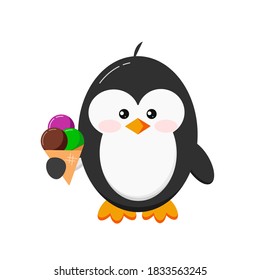 Cute penguin with ice cream clip art. Cartoon winter baby boy penguin with ice cream cone isolated on white background. Flat design vector funny bird character illustration. 