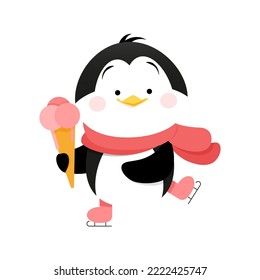 Cute penguin with ice cream is skating