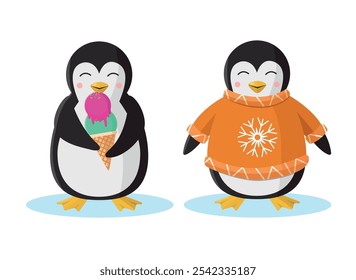 Lindo pingüino con helado y pingüino en suéter de invierno. Ilustración vectorial en estilo de dibujos animados.