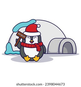Cute Penguin With Ice House Vector Illustration Isolated On White Background
