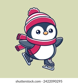 Cute penguin ice skating cartoon vector icon art illustration