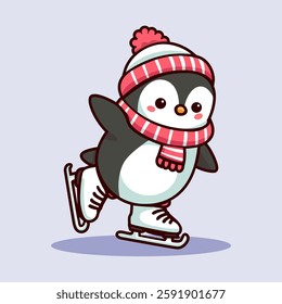 cute penguin ice skating cartoon character flat color vector illustration template design