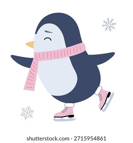 Um pinguim bonito patinando no gelo. Um design para um cartaz ou cartão postal com um clima de inverno.