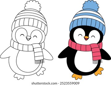 Cute penguin ice skating outline coloring page. Christmas and Winter Illustration 