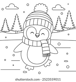 Cute penguin ice skating outline coloring page. Christmas and Winter Illustration 