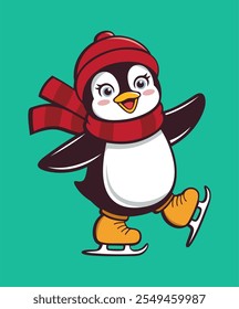 Cute Penguin Ice Skating With Scarf Cartoon Illustration