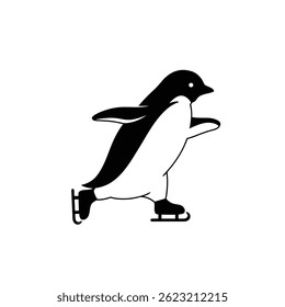 Cute Penguin Ice Skating Simple Black And White Line Art Graphic