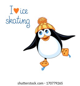 Cute Penguin Ice Skating. Vector illustration.