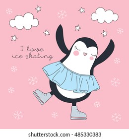 cute penguin ice skating vector illustration