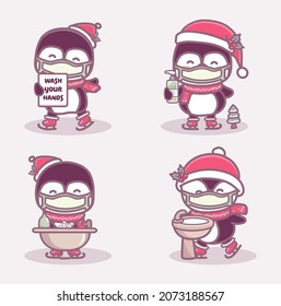 Cute penguin ice skating wear medical mask,washing hands,and use handsanitizer protect coronavirus covid-1. New normal christmas concept 